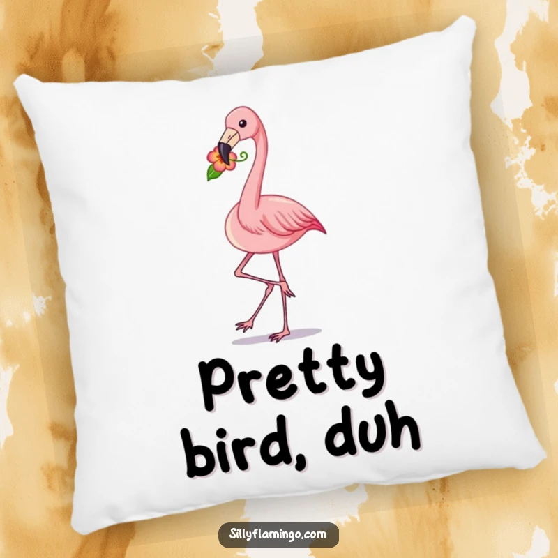 Funny flamingo strut pillow featuring a pink bird holding a flower in its beak, offering plush comfort and a humorous floral touch.