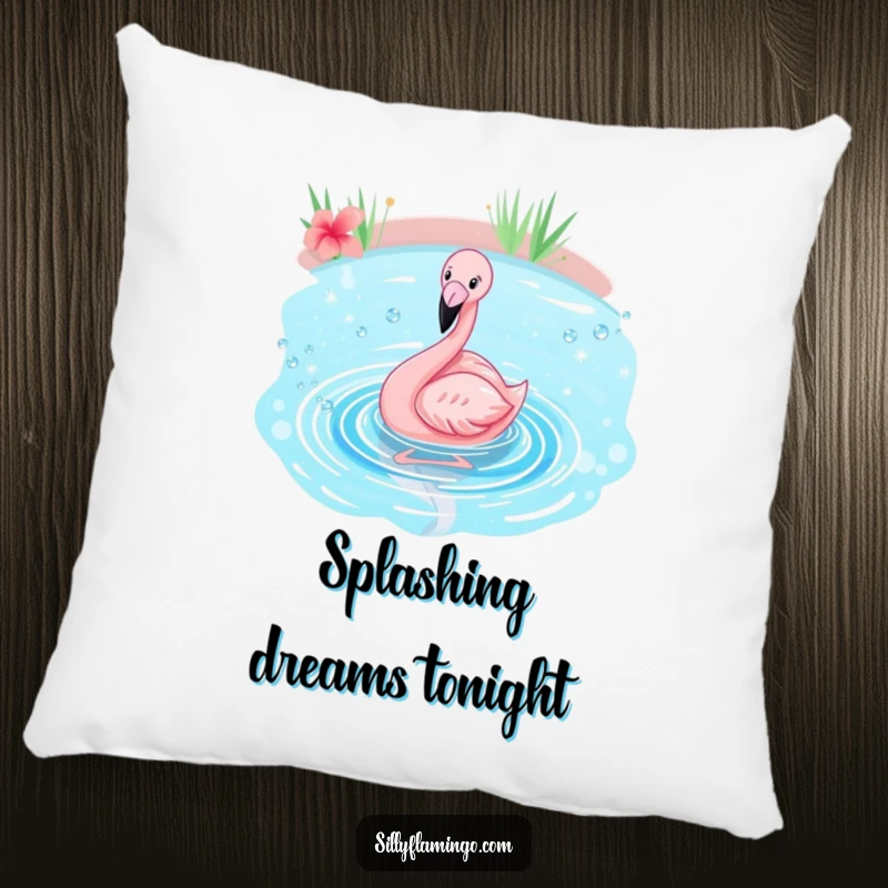 Funny flamingo pillow featuring a cute pink bird happily splashing in a sparkling blue pond, perfect for adding cheerful decor.