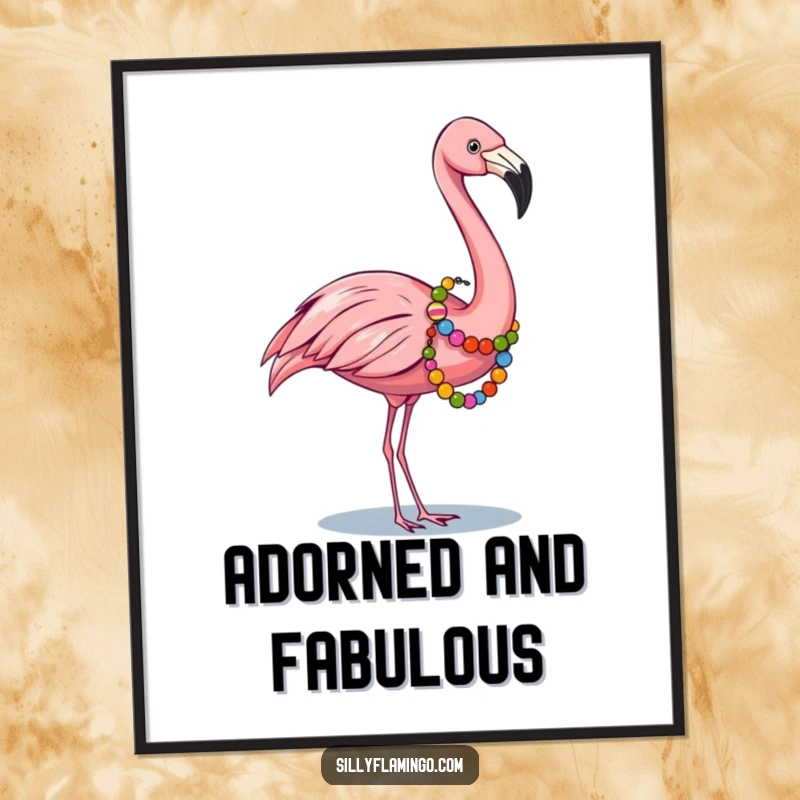 Funny digital art print of a flamingo adorned with a colorful bead garland, offering festive and humorous wall decor.