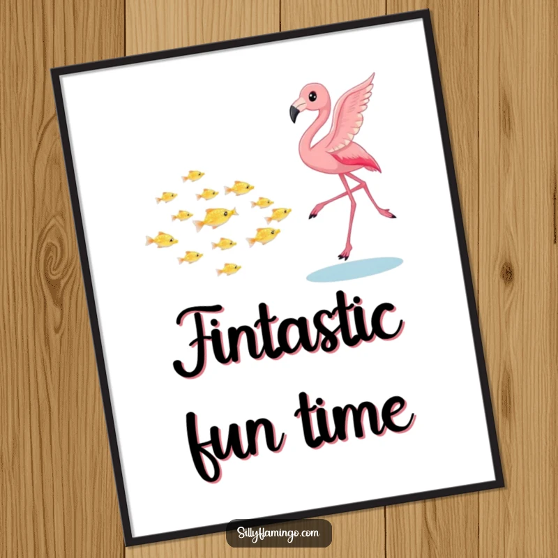 Funny flamingo digital art print, playfully chasing a school of tiny shimmering fish, adding lively and colorful wall art, perfect for instant decor and gifts.