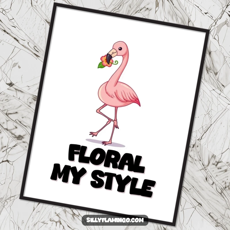 Funny flamingo strut digital art print of a pink bird with a flower in its beak, offering instant charming and humorous wall decor.
