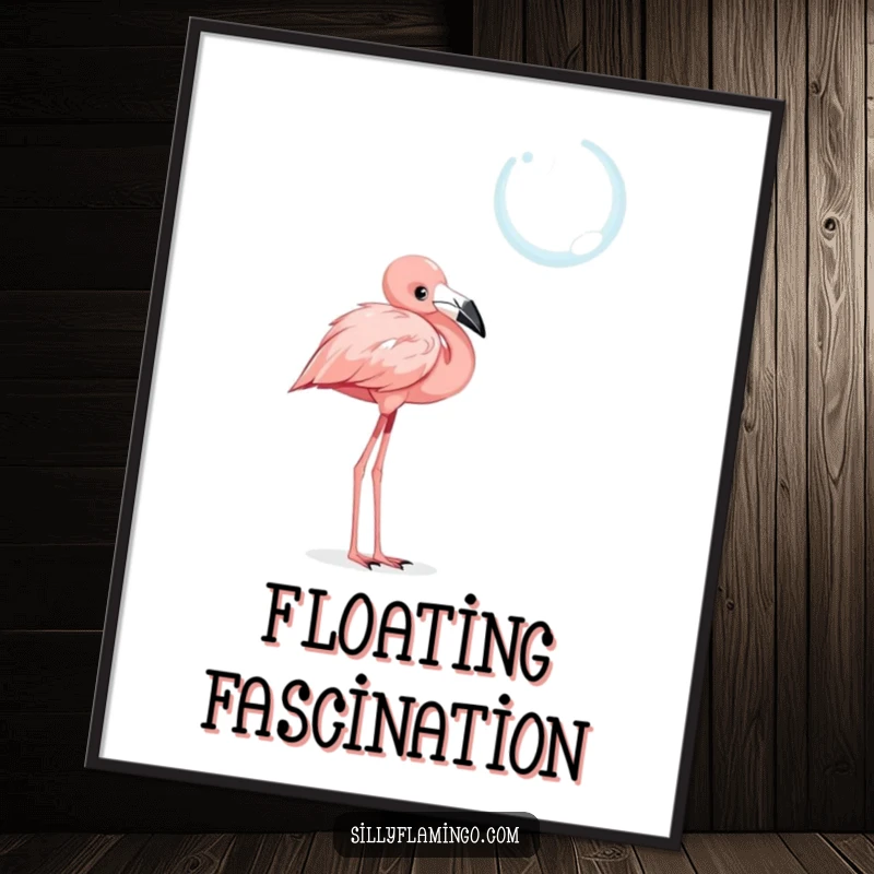 Funny digital art of a curious flamingo with its head tilted, intently watching a shimmering, floating bubble, evoking a sense of wonder.
