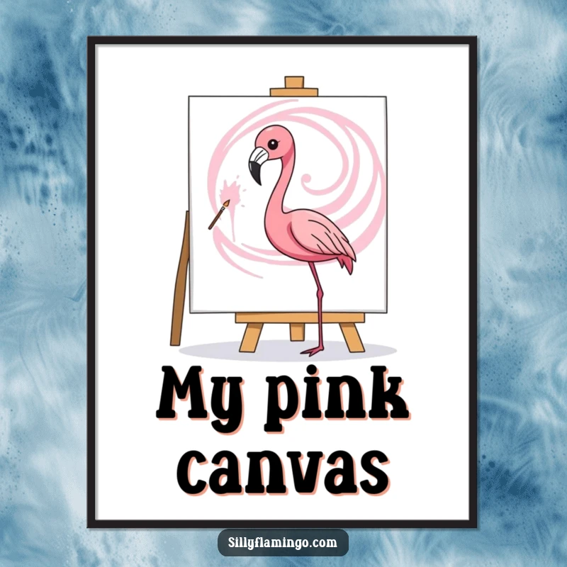 Funny digital art print of a flamingo artistically painting a pink swirl on a canvas, ideal for creative decor.