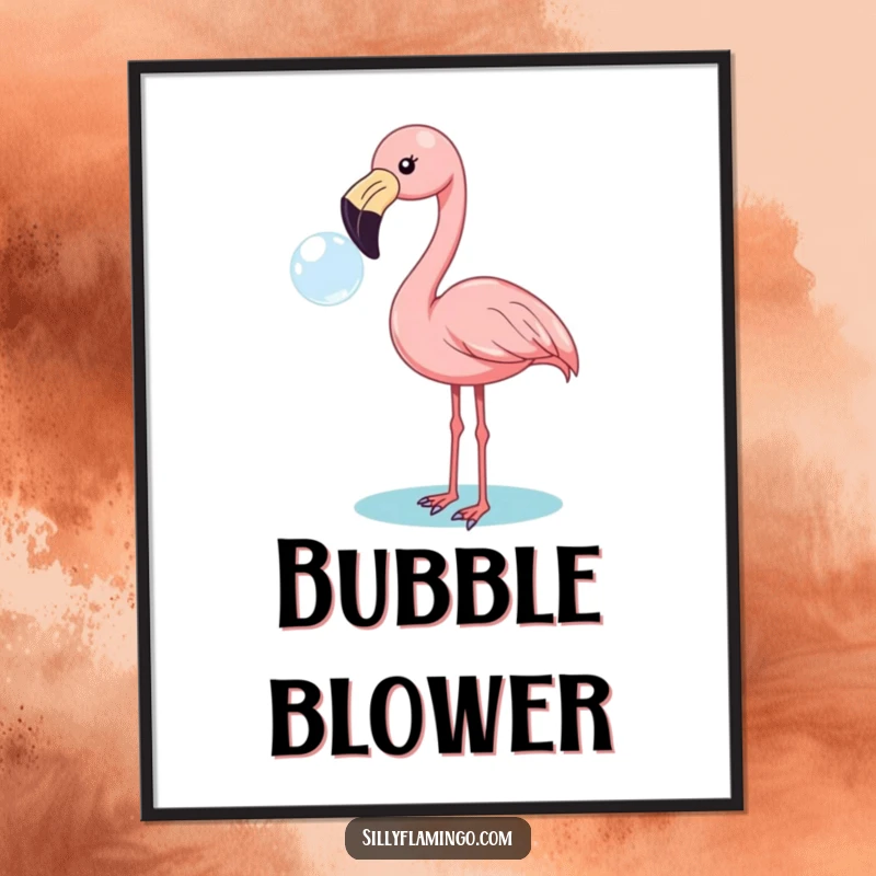 Funny flamingo digital art print of a cheerful bird blowing a bubble, capturing playful innocence and vibrant hues.