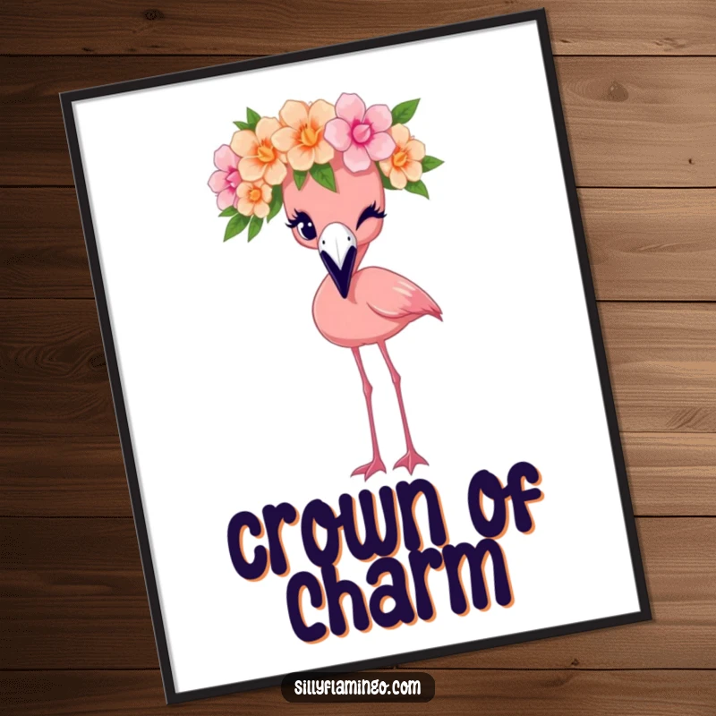 Funny flamingo digital art print of a bird wearing a flower crown and winking, capturing playful elegance and charm.