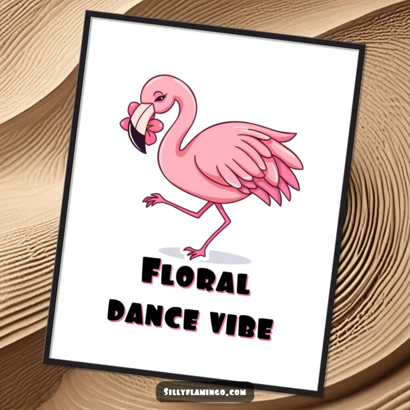 Funny Digital Art Print of a flamingo with a flower behind its ear, dancing with a joyful shimmy. Lively and festive.