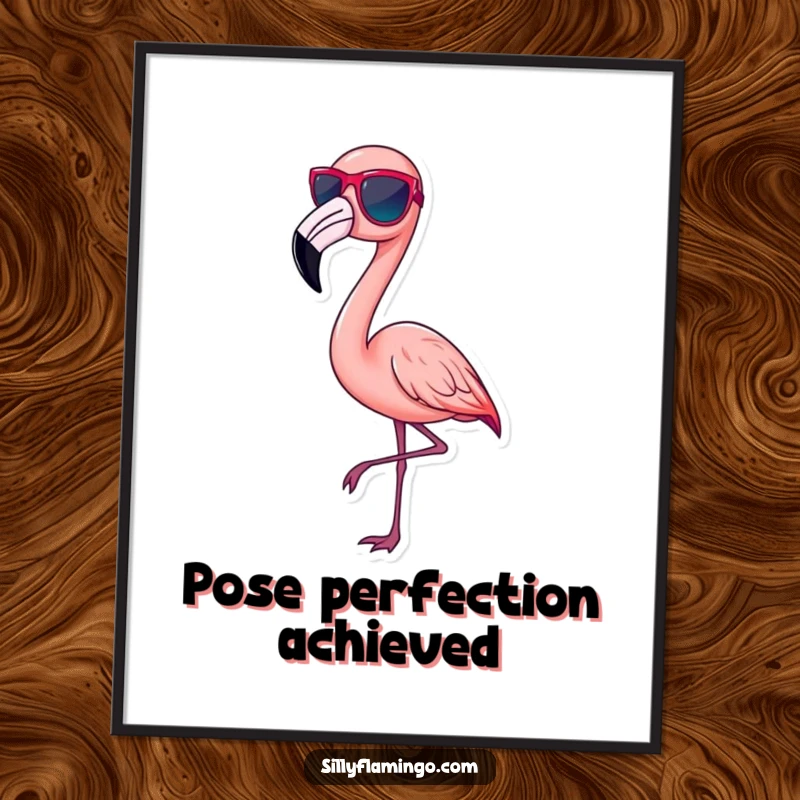 Funny pink flamingo digital art print, wearing tiny sunglasses and striking a chic pose, embodying cool style, instant download funny decor.