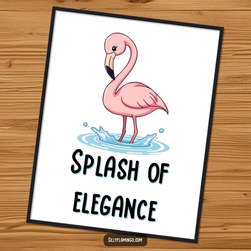 Funny pink flamingo digital art print, long neck bending to splash water, embodying playful spirit, instant download funny decor.