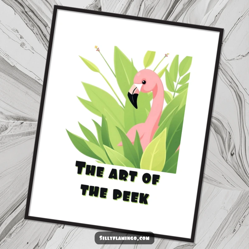 Funny digital art print of a flamingo curiously peeking from lush green foliage, offering a whimsical and humorous wall decor.