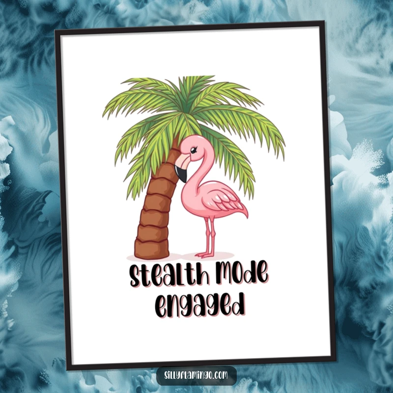 Funny printable wall art of a pink flamingo curiously peeking from behind a palm tree, offering instant tropical decor.