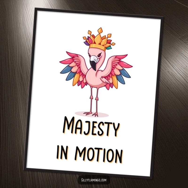 Funny Flamingo Digital Art: Determined flamingo hilariously balances a vibrant feather crown, offering instant comedic appeal.