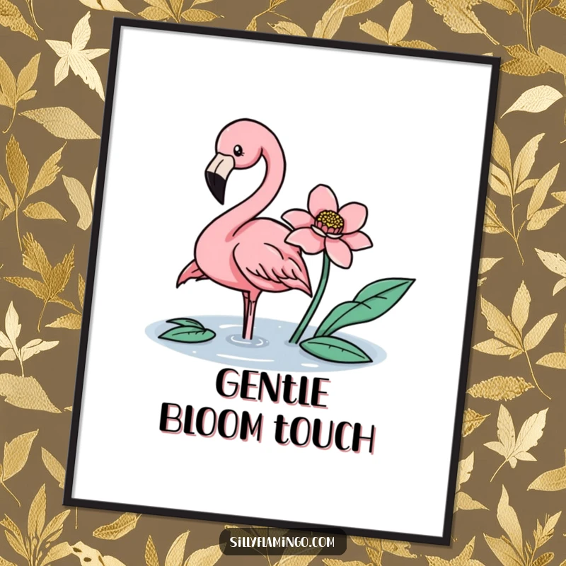 Funny flamingo gently nudging a floating flower with its beak, as a digital art print.