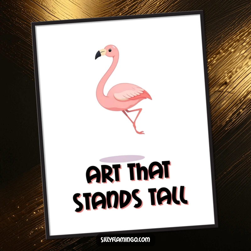 Funny digital art print of a flamingo with long legs gracefully leaping, a whimsical and humorous addition to any room.