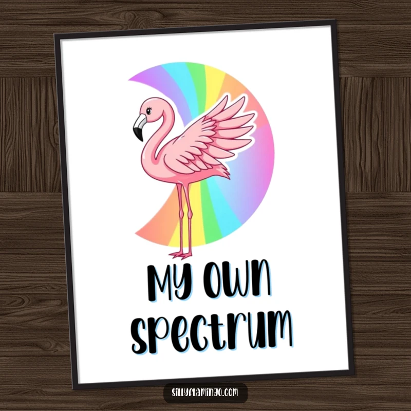 Funny flamingo rainbow digital art print of a pink bird creating a vibrant rainbow with its wing, offering instant colorful and humorous wall decor.