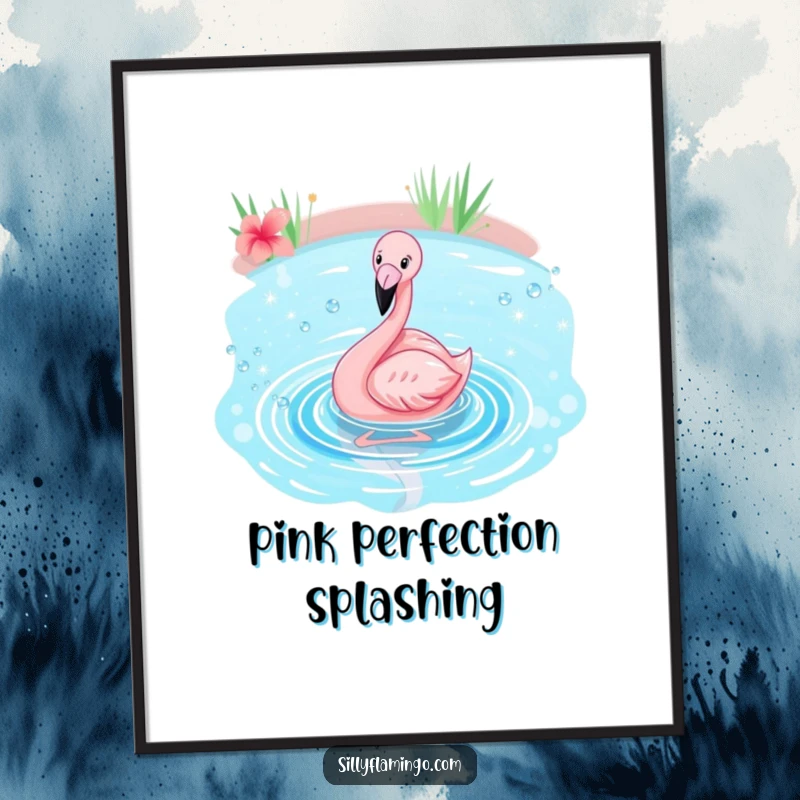 Funny flamingo digital art print of a pink bird happily splashing in a sparkling blue pond, perfect for framing.