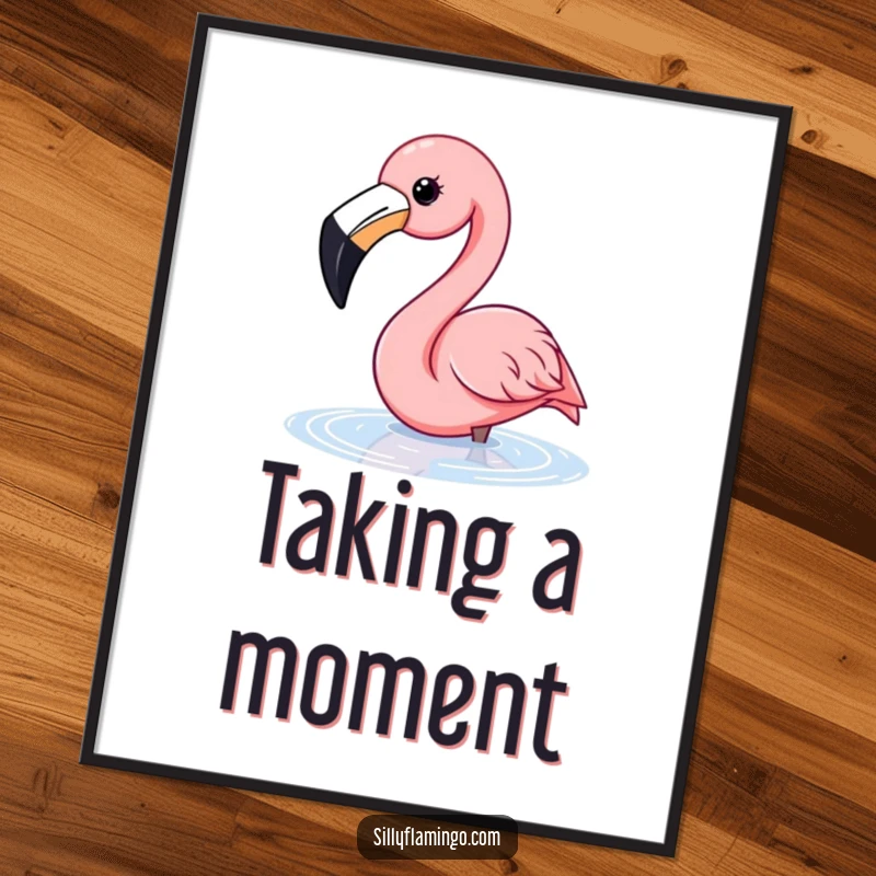 Funny flamingo digital art print showing a happy flamingo with a wide beak dipping its head into water.