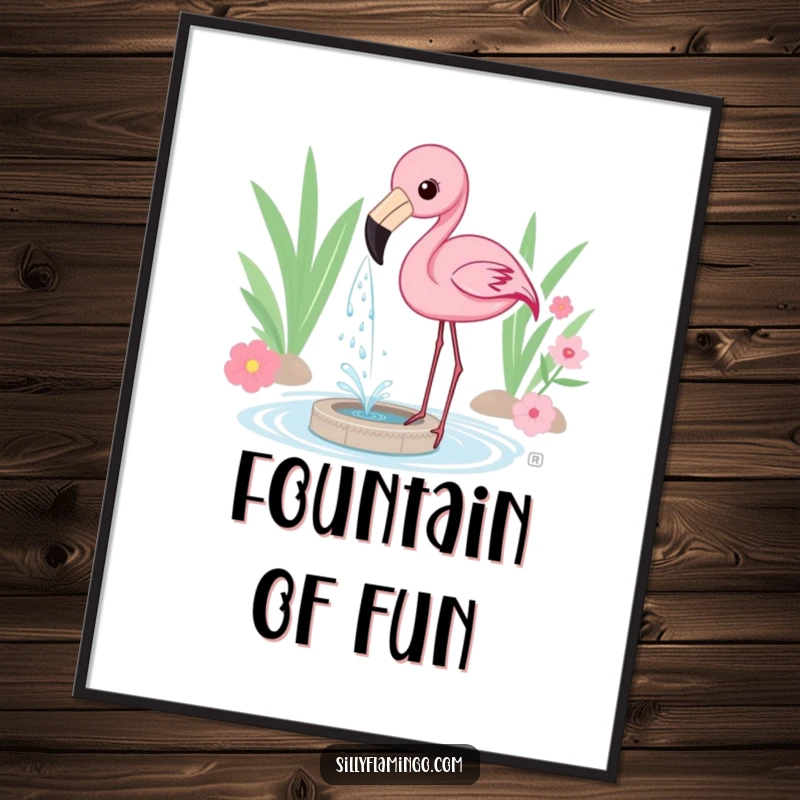 Funny Digital Art Print of a flamingo playfully spraying water from its beak, creating a charming mini-fountain. Lively and humorous.