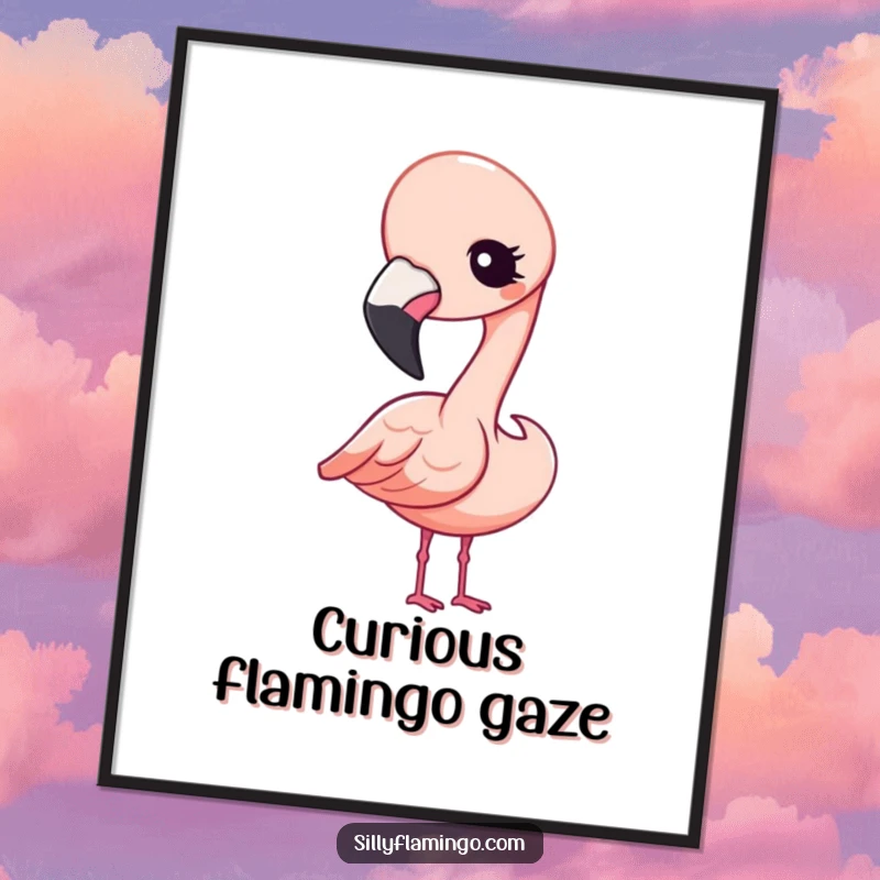 Funny Digital Art Print of a Kawaii flamingo tilting its head and giving a curious, playful wink. Adorable and charming.