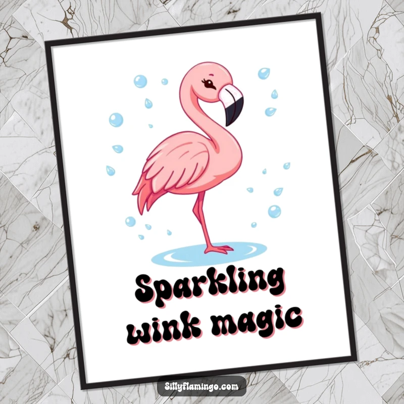 Funny flamingo with a cheerful wink, surrounded by sparkling water drops, as a digital art print.