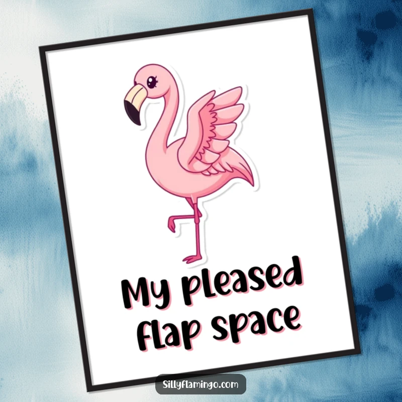 Funny Kawaii Flamingo Digital Art Print featuring a pleased bird performing a subtle flap, ideal for humorous, instant wall decor.