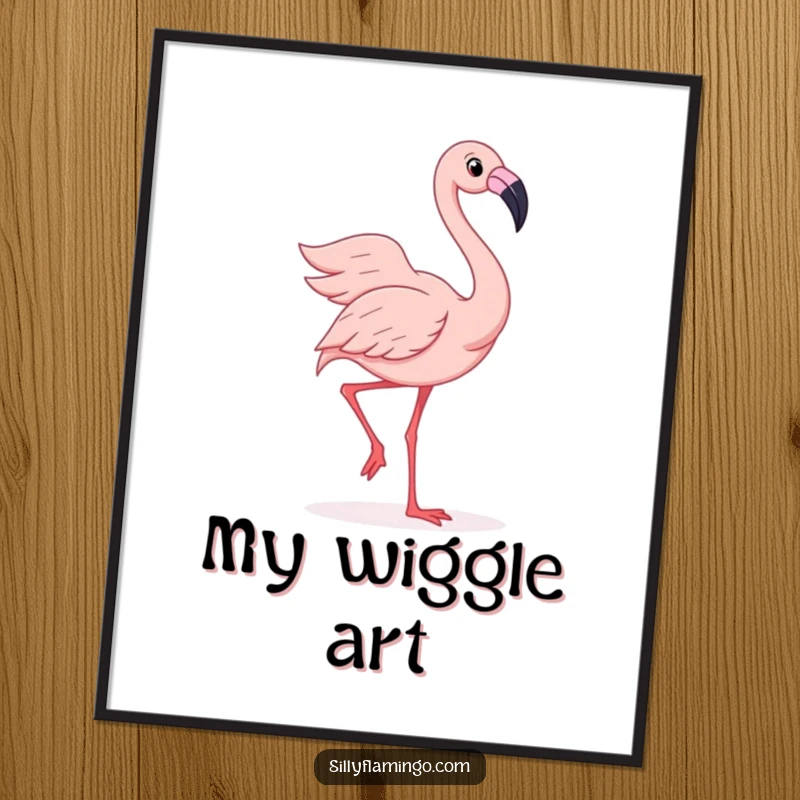 Funny digital art print of a joyful flamingo doing a silly wiggle dance with its feathers fanned out, ideal for cheerful decor.