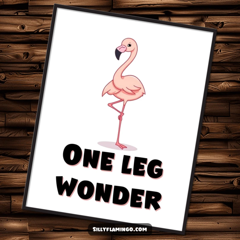 Funny Digital Art Print of a flamingo gracefully balancing on one leg with a cheerful and poised expression. Elegant and humorous.
