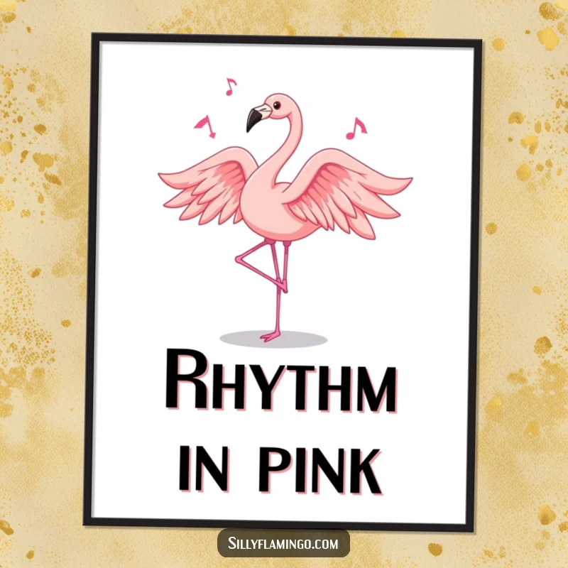 Funny flamingo digital art print of a pink bird dancing with flowing feathers, vibrant and humorous wall decor.