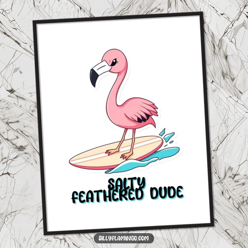 Funny flamingo surfer digital art print of a winking pink bird on a surfboard, offering instant humorous and vibrant beach-themed wall decor.