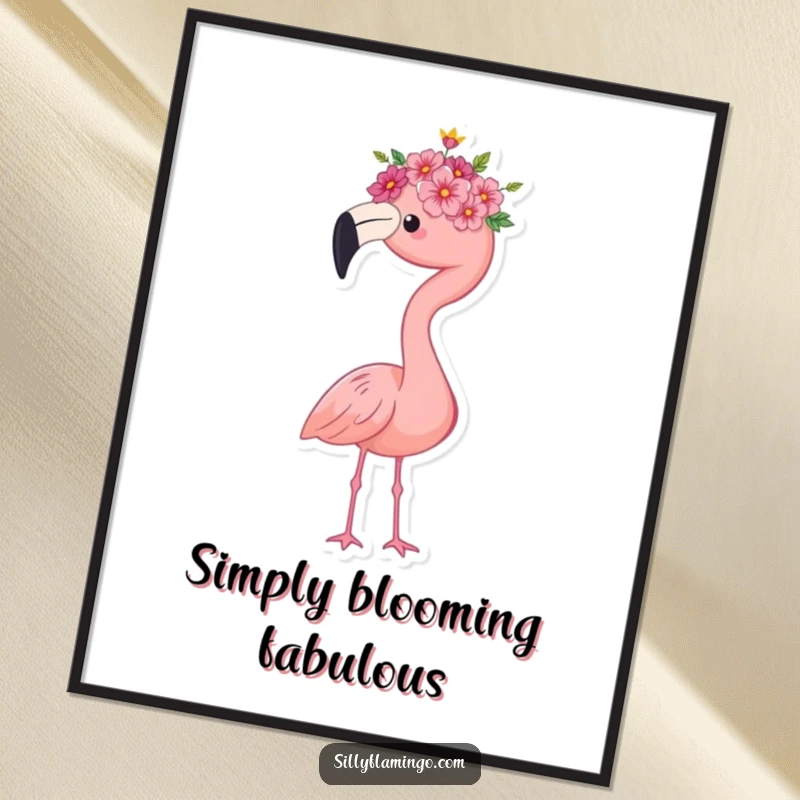 Funny flamingo digital art print, wearing a tiny flower crown, standing proudly, adding elegant and whimsical wall art, perfect for instant decor and gifts.