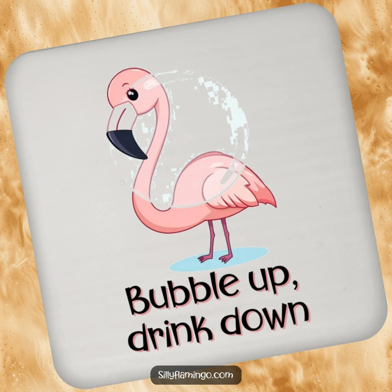 Funny Flamingo Coaster: Design shows a flamingo humorously trying to blow a large bubble, protecting surfaces.