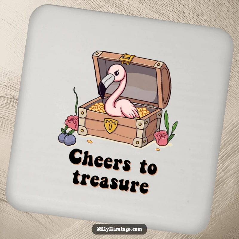 Funny Flamingo Treasure Coasters (Set of 4) featuring a curious flamingo peeking into a treasure chest, offering humorous protection.