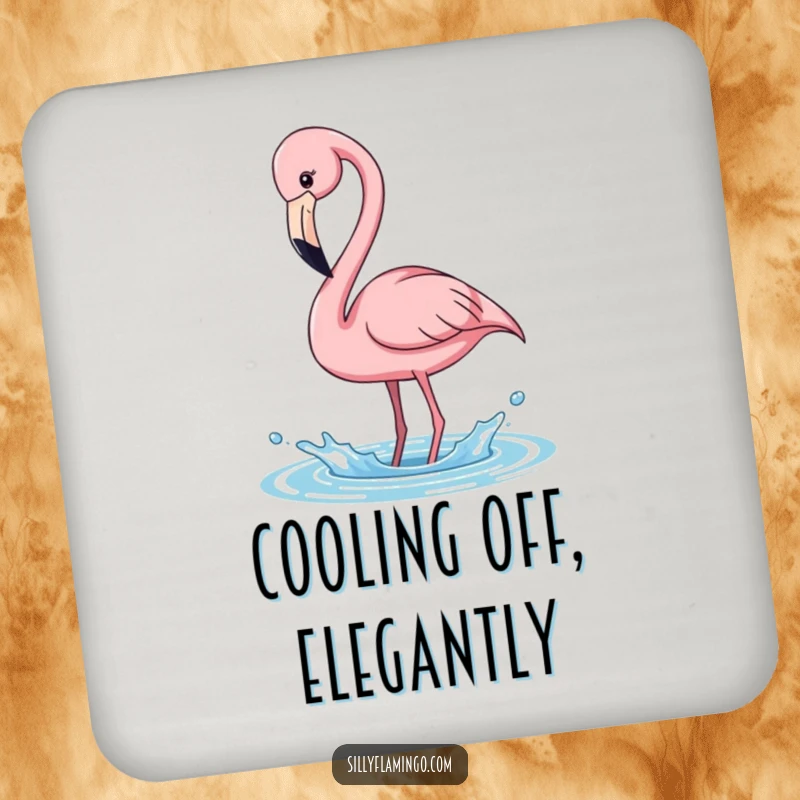 Funny pink flamingo coaster, playfully splashing water, adding tropical fun, protecting surfaces with humor, a cute funny gift.