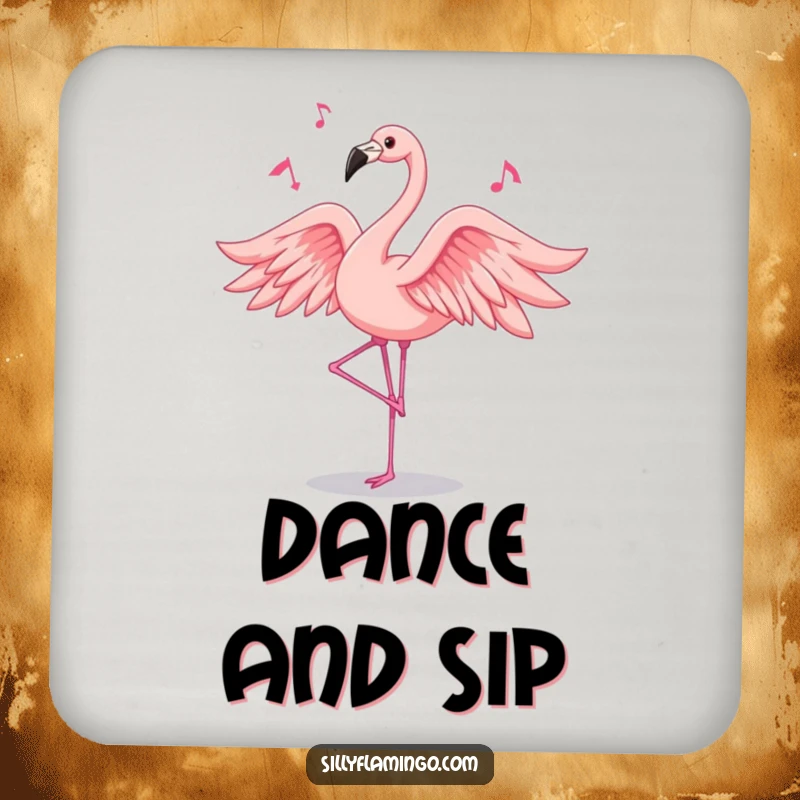 Funny flamingo drink coasters featuring a pink bird dancing with flowing feathers, a humorous and practical table accessory.