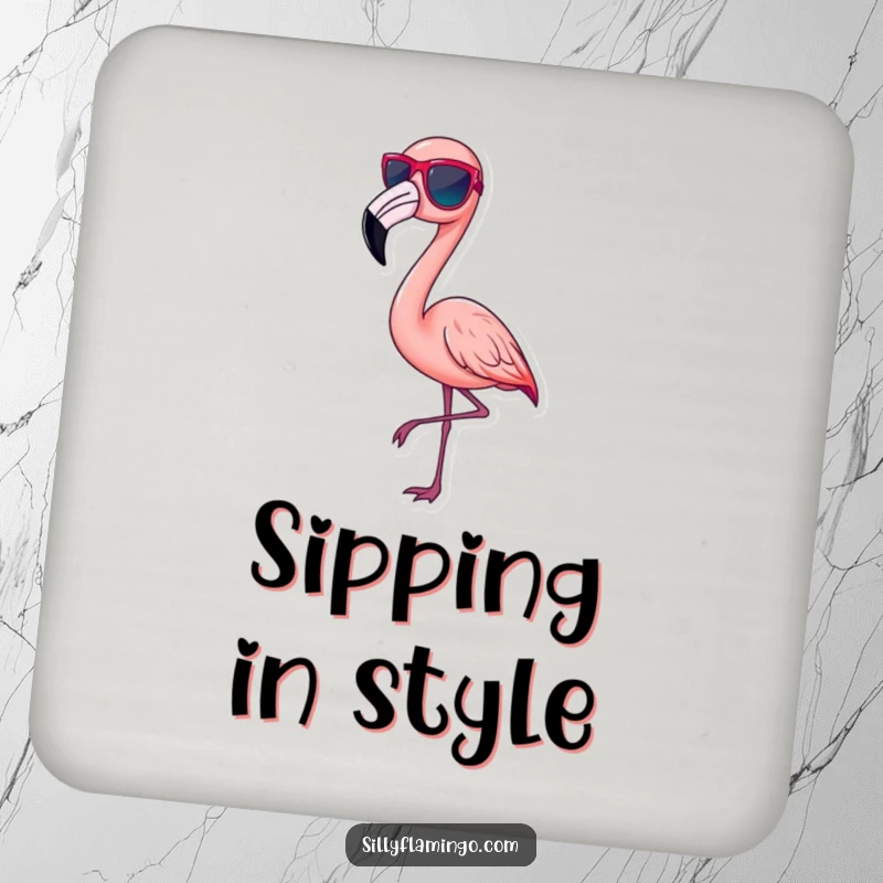 Funny pink flamingo coaster, wearing tiny sunglasses and striking a chic pose, embodying cool style, protecting surfaces with humor, a cute funny gift.