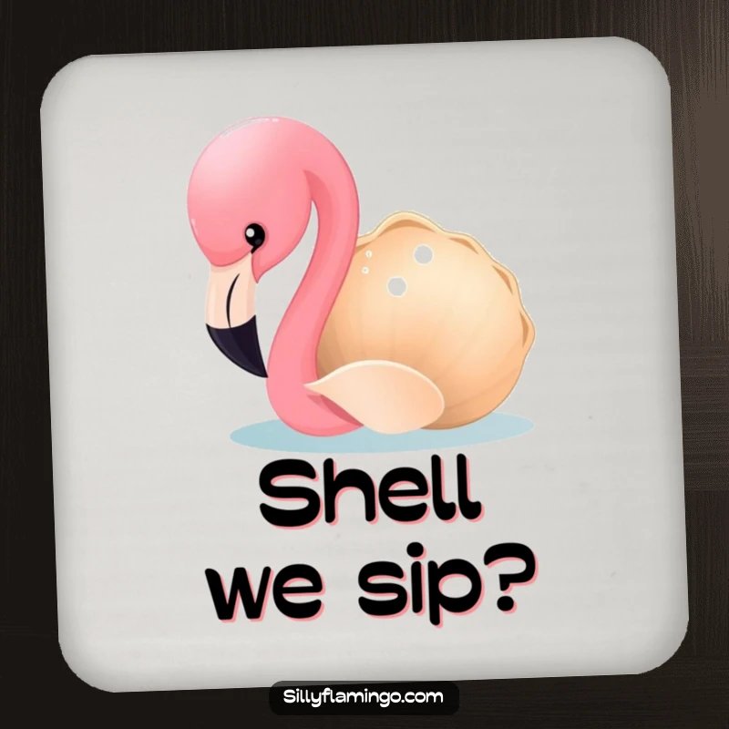 Funny Flamingo Coaster: A curious flamingo pecks at a shimmering seashell, protecting your furniture with humor. A charming and practical accessory.