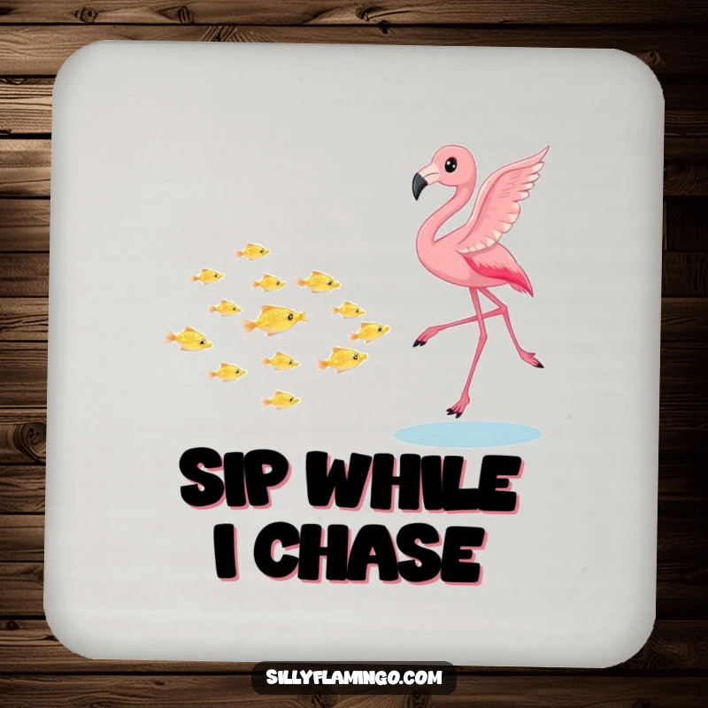 Funny flamingo drink coaster, playfully chasing a school of tiny shimmering fish, protecting tabletops with whimsical aquatic charm, a small but fun gift.