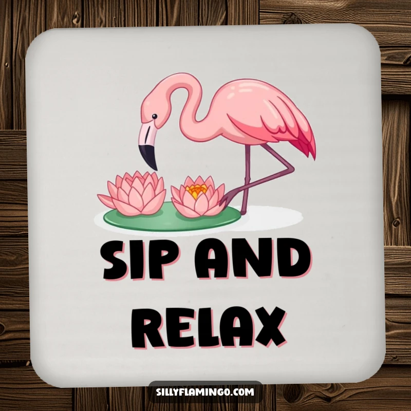 Funny flamingo happily pecking a water lily, on a peaceful and humorous coaster for surface protection