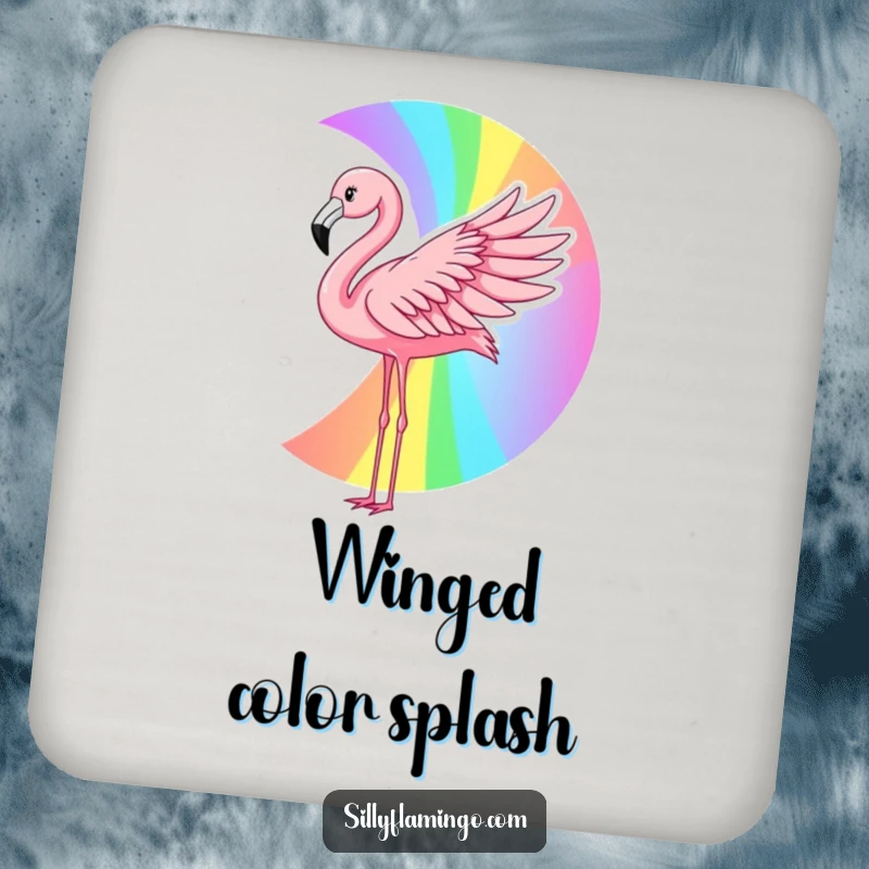 Funny flamingo rainbow coaster featuring a pink bird creating a rainbow with its wing, offering protection with a humorous and artistic design.