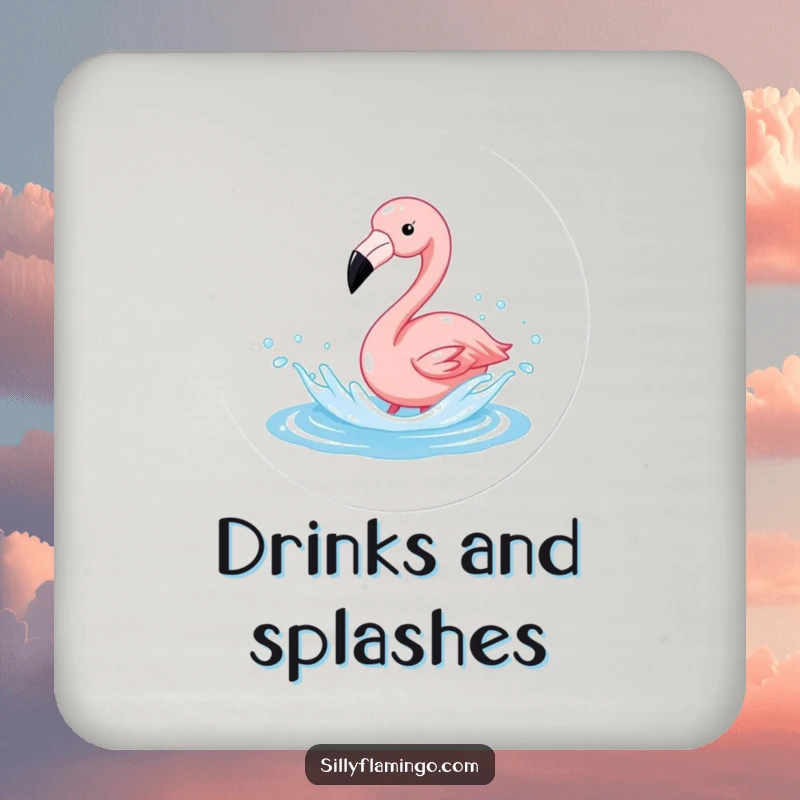 Funny Flamingo Splash Coasters (Set of 4) featuring a flamingo joyfully splashing in water, offering humorous protection for tables.