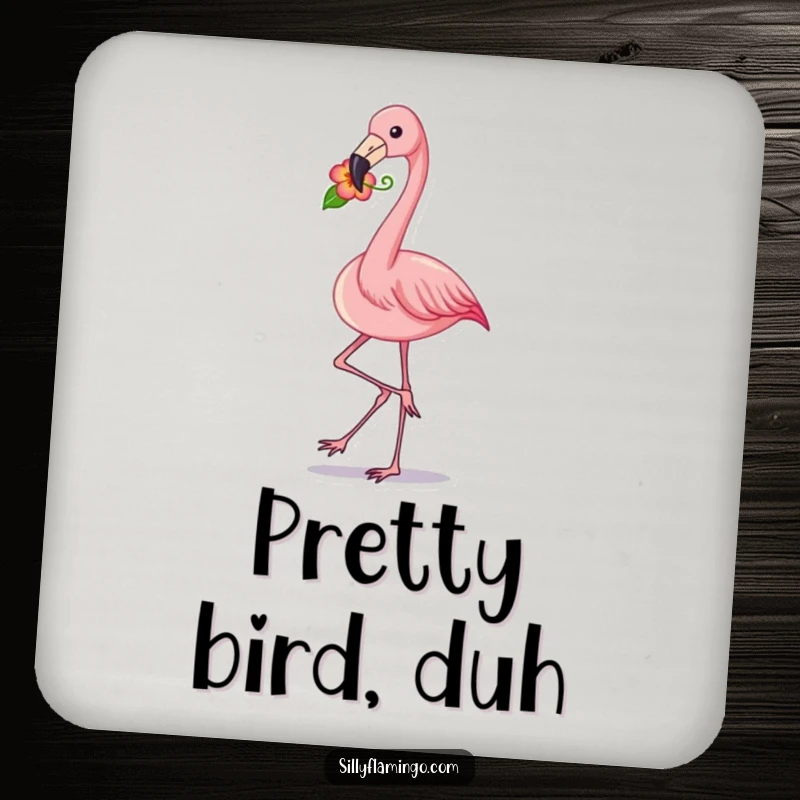 Funny flamingo strut coaster featuring a pink bird with a flower in its beak, offering protection with a humorous and elegant floral design.