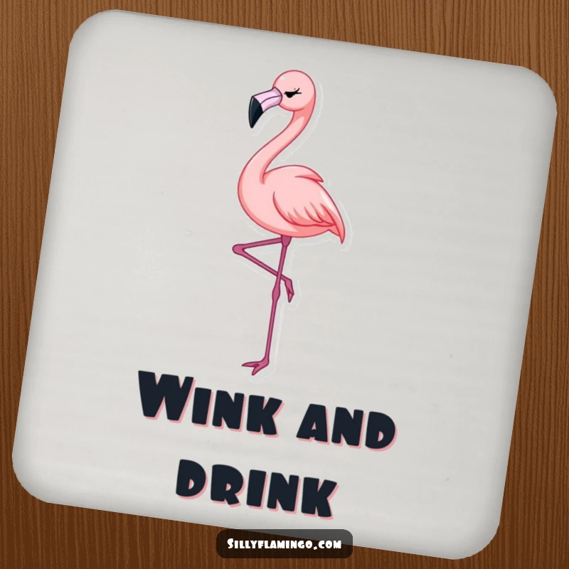 Funny Flamingo Wink Coasters (Set of 4) featuring an elegant flamingo winking, offering stylish and humorous surface protection.
