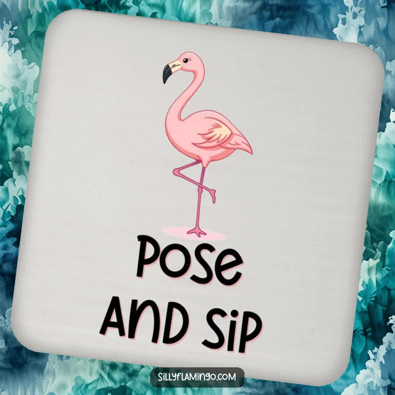 Funny kawaii flamingo in a graceful stretch, on a cute and humorous coaster for table protection
