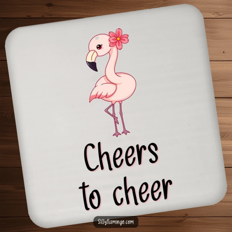 Funny flamingo coaster featuring a happy bird with a flower, a humorous and charming accent.