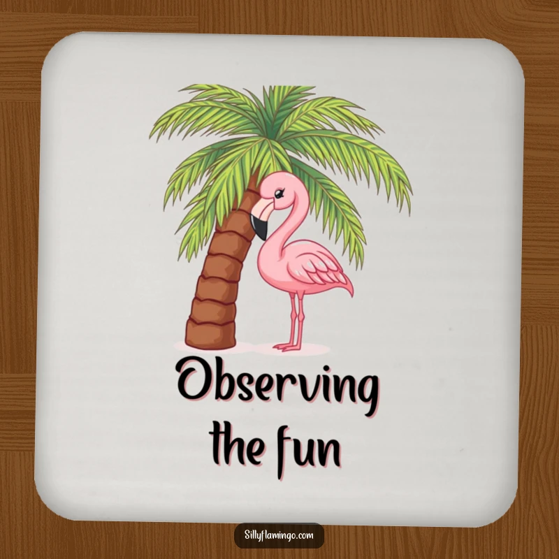 Funny drink coaster with a pink flamingo curiously peeking from behind a palm tree, protecting surfaces with tropical humor.