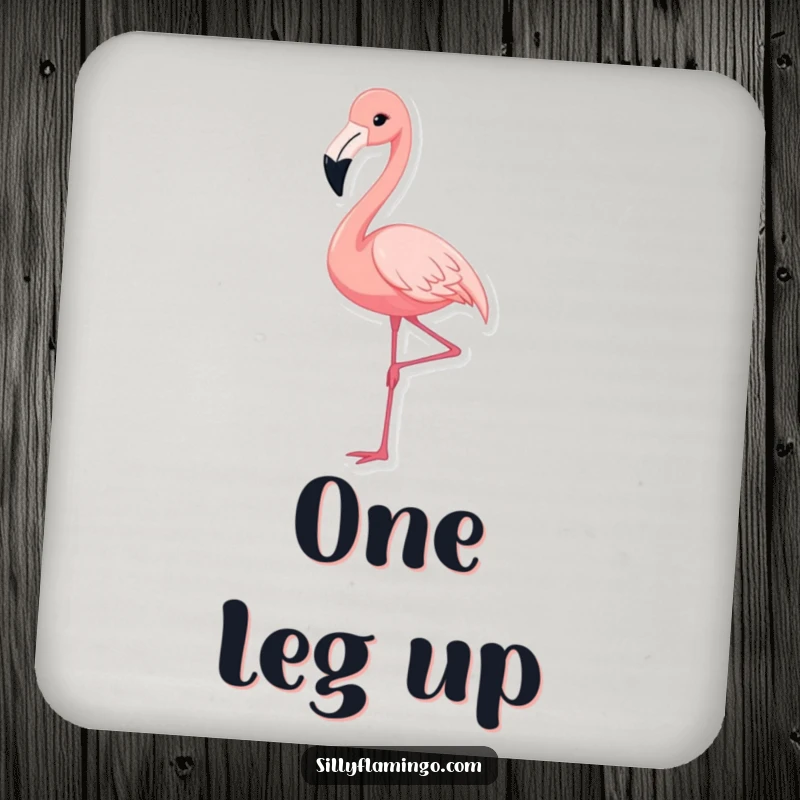 Funny coaster set depicting a cute flamingo gracefully extending its leg, adding whimsy and protection to surfaces, a charming housewarming gift.