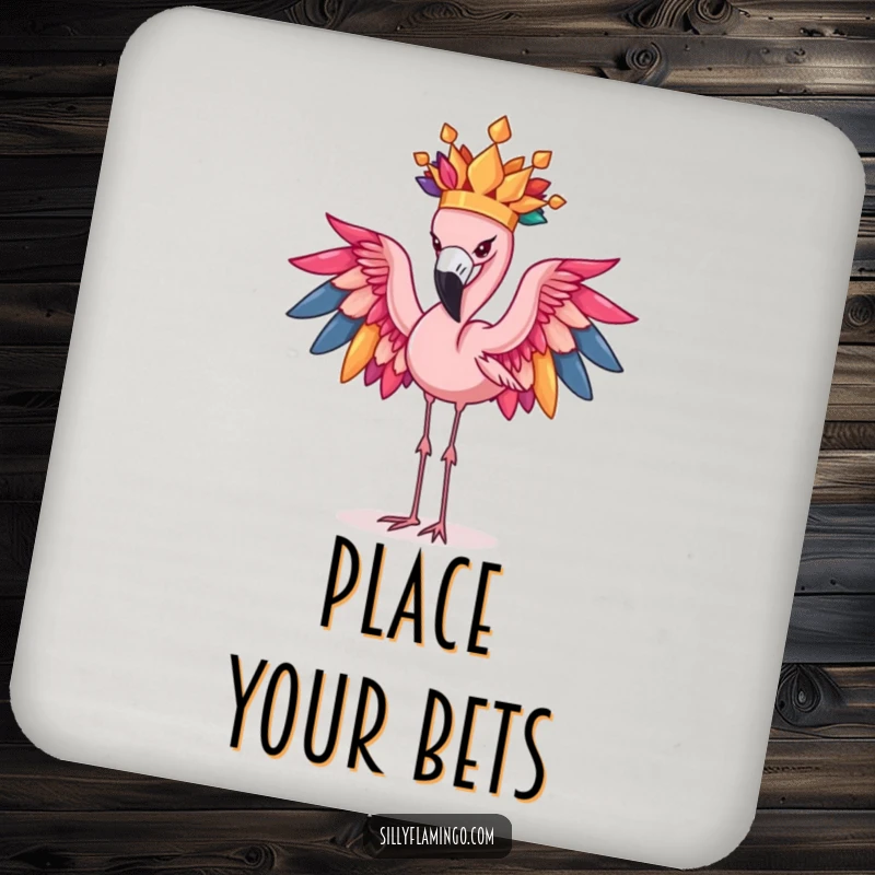 Funny Flamingo Coasters: Determined bird hilariously balances a colorful feather crown, protecting surfaces with comedic charm.