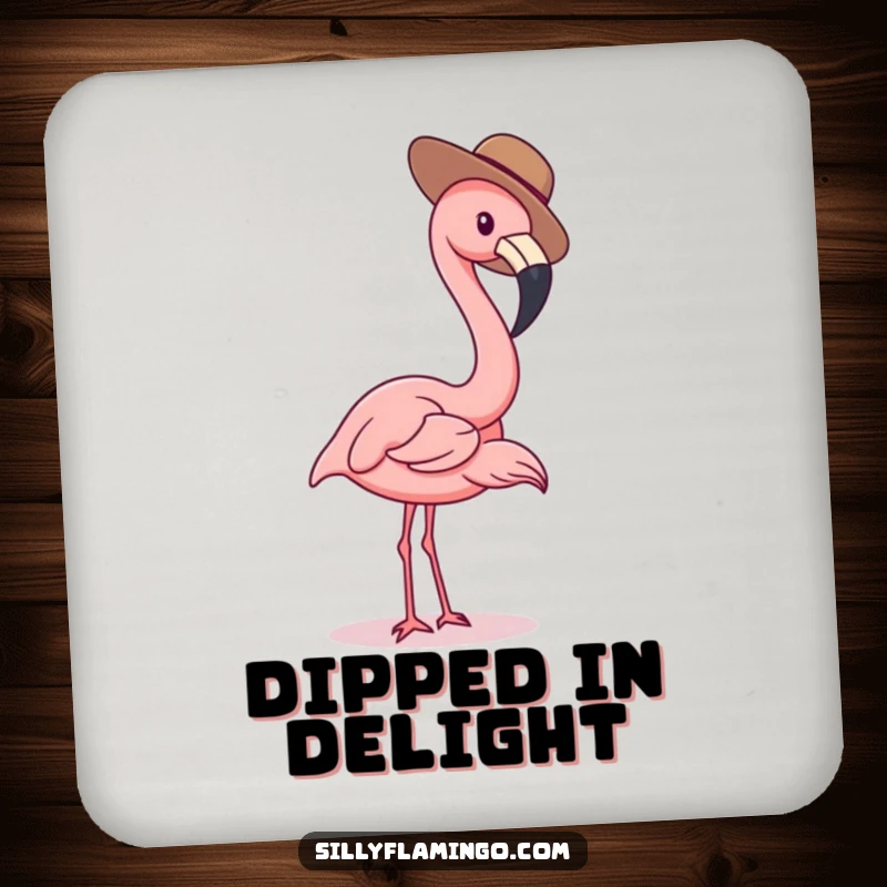 Funny flamingo coaster featuring a bird in a tiny hat, a humorous and charming accent.