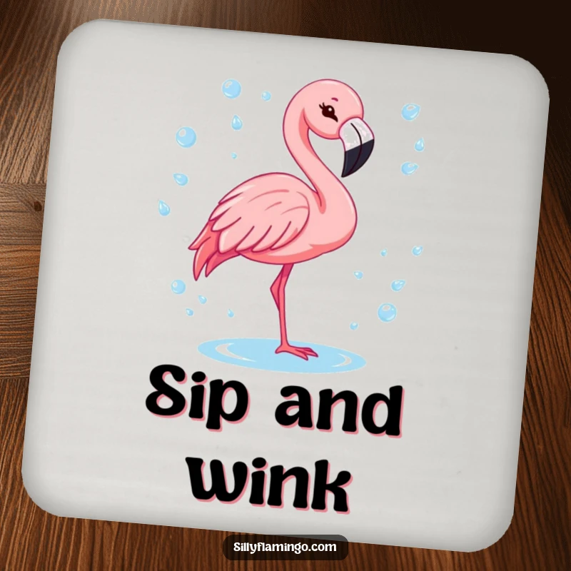 Funny flamingo with a cheerful wink, surrounded by sparkling water drops on protective drink coasters.