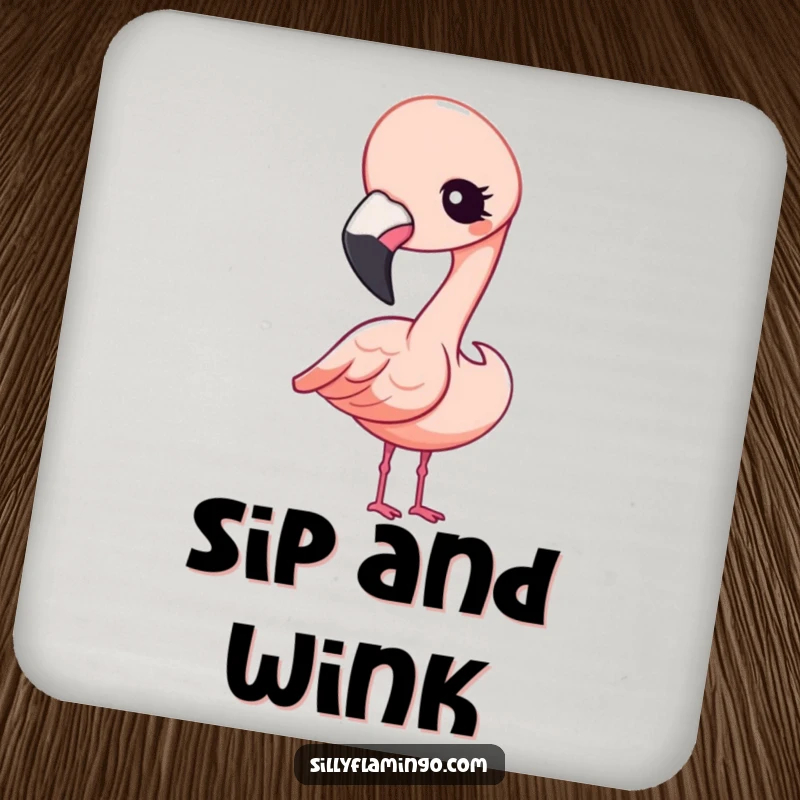Funny Drink Coaster featuring a Kawaii flamingo tilting its head and winking curiously, adding a touch of playful decor.