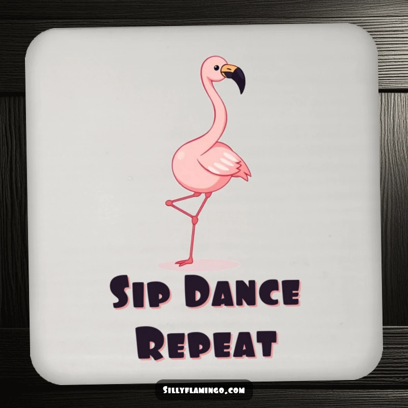 Funny flamingo drink coaster depicting a joyful squawking flamingo kicking its legs in a hilarious dance.
